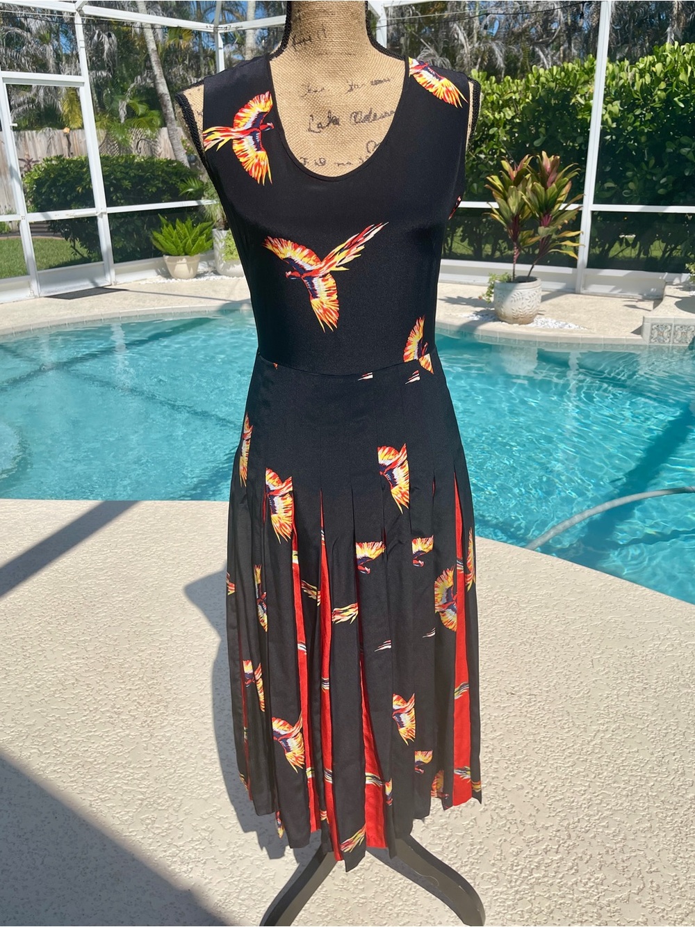 Diane von Furstenberg Black Midi Dress - Red & Yellow Bird Print - Size 4